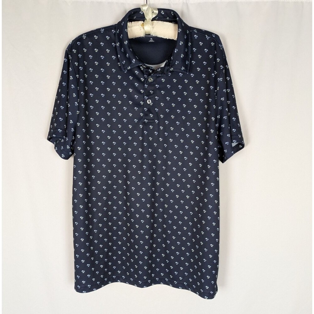Club Room XL Micro Palm Print Short Sleeve Polo Navy Blue Summer Resort